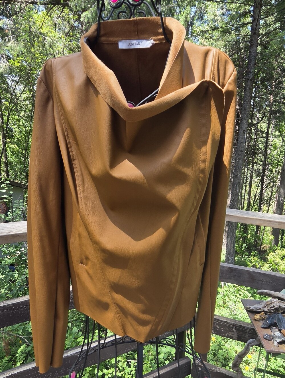 JustFab Cognac Brown/tan Faux Suede Draped Leather Jacket SzL - Picture 7 of 13